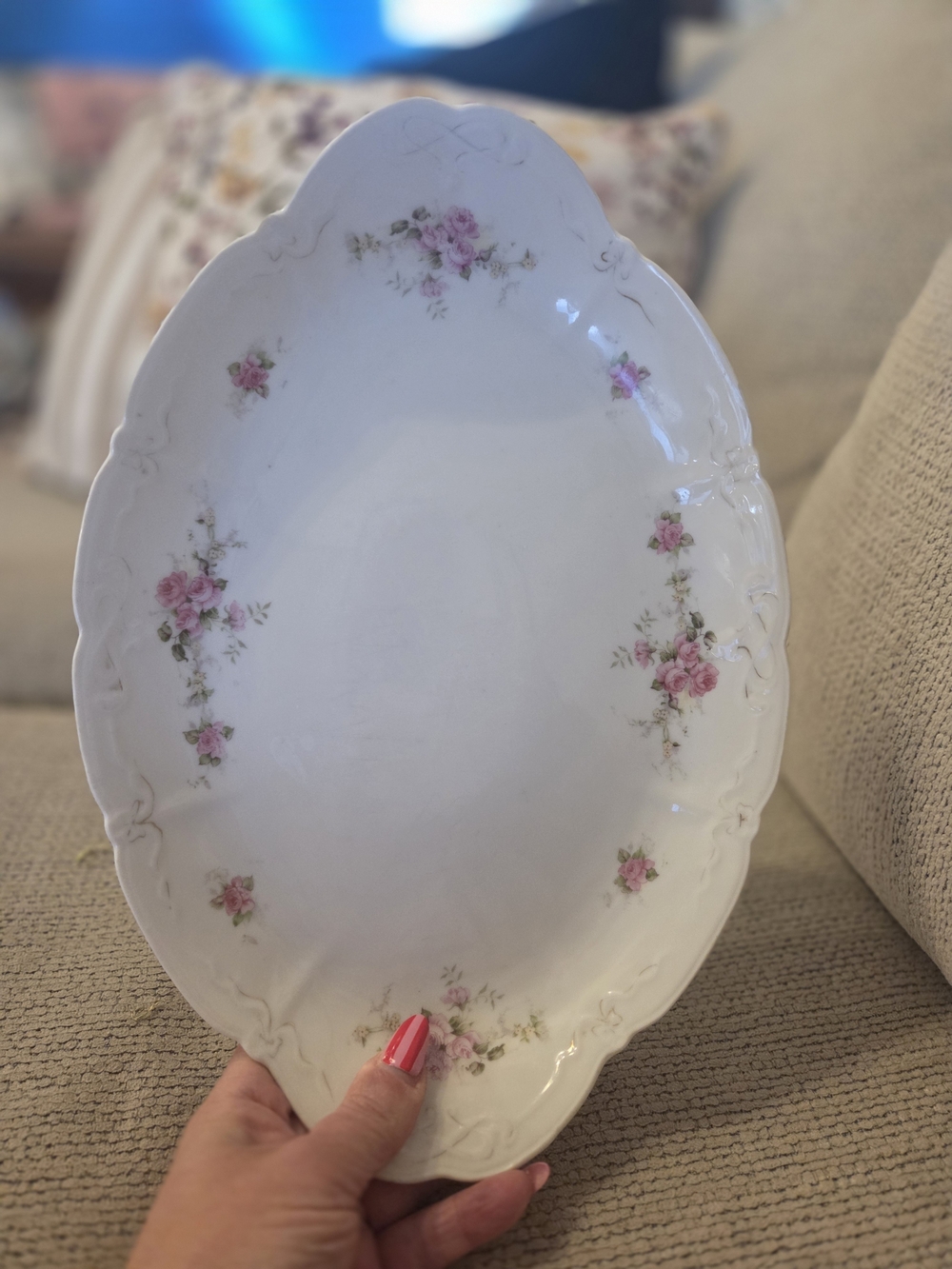 Classic White Porcelain Serving Platter with Pink Rose Motif
